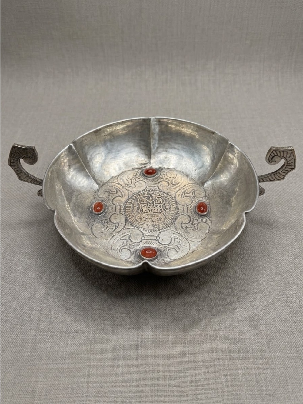 Vintage Alpaca Silver Spanish Colonial Style Bowl Ferdinand VI Coin Carnelian